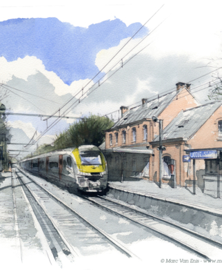 Aquarelle-La gare de Uccle Stalle à Bruxelles