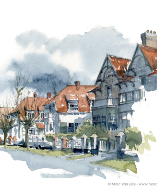 Aquarelle-Avenue de villas à la mer du Nord (St-Idesbald/Koksijde)