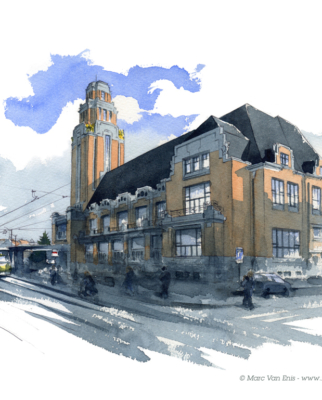 Aquarelle-maison communale de Forest (Bruxelles)