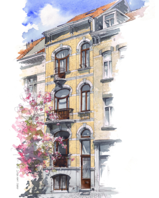 Aquarelle - Façade d'une maison de Maître à Bruxelles